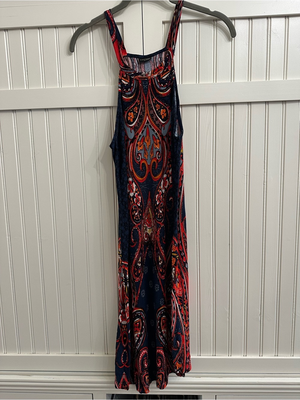 Navy Midi Dress with Red Paisley Print and Slim Straps
